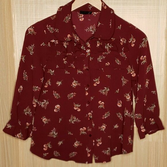 EAM Womens Red Floral Gauzy Textured Blouse Large - Picture 1 of 8